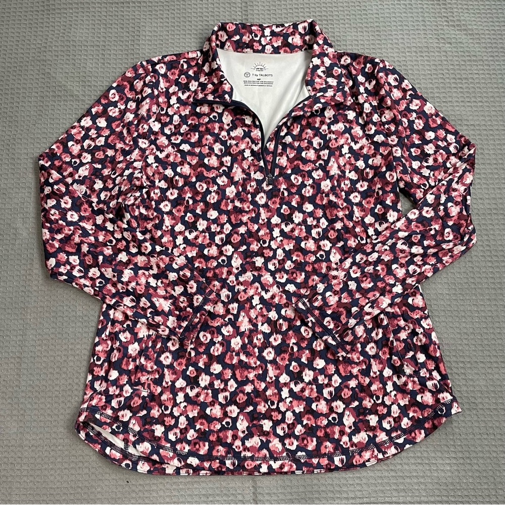 T By Talbots On The Move 1/4 Zip Pullover Shirt Medium Petite MP Floral UPF